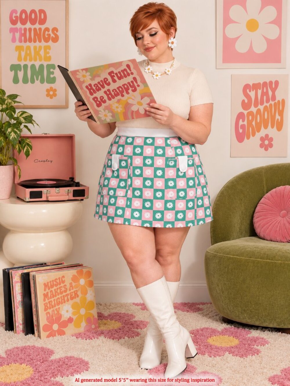 Smak Parlour 4X Pink Green Checkered Daisy Mini Skirt 60s Mod Plus Size